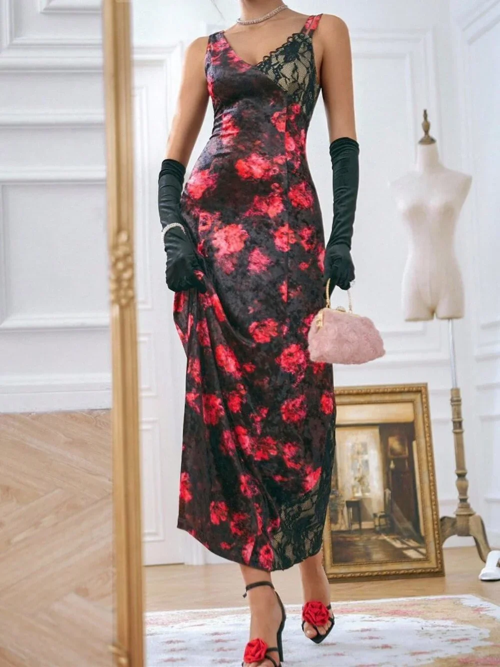 Black Elegant Women's Velvet Printed Oblique Shoulder Lace Patchwork Midi Dress